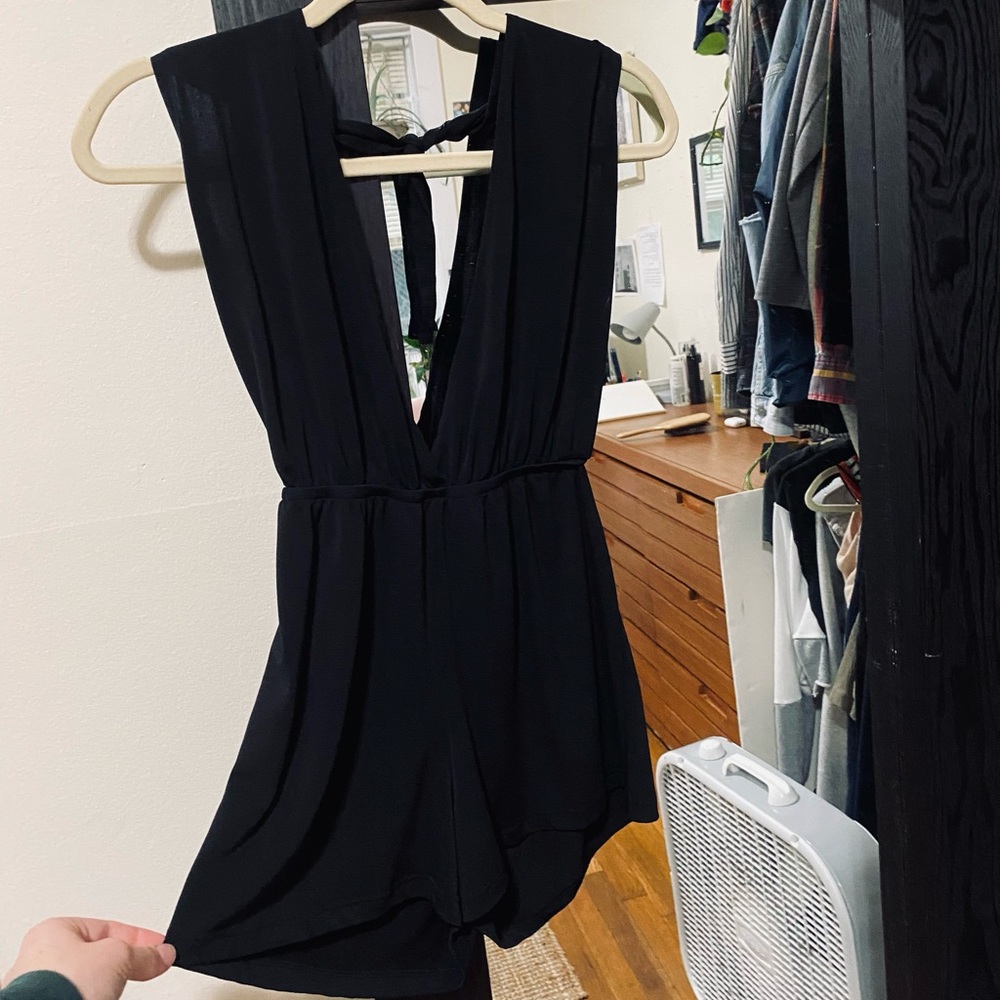 black backless romper, airy and light, casual